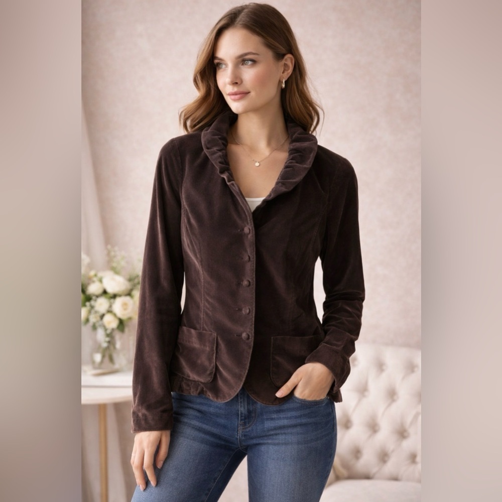 Brown Blazer Women XS Ruffle Collar Button Front Jacket Vintage Style - Picture 2 of 6
